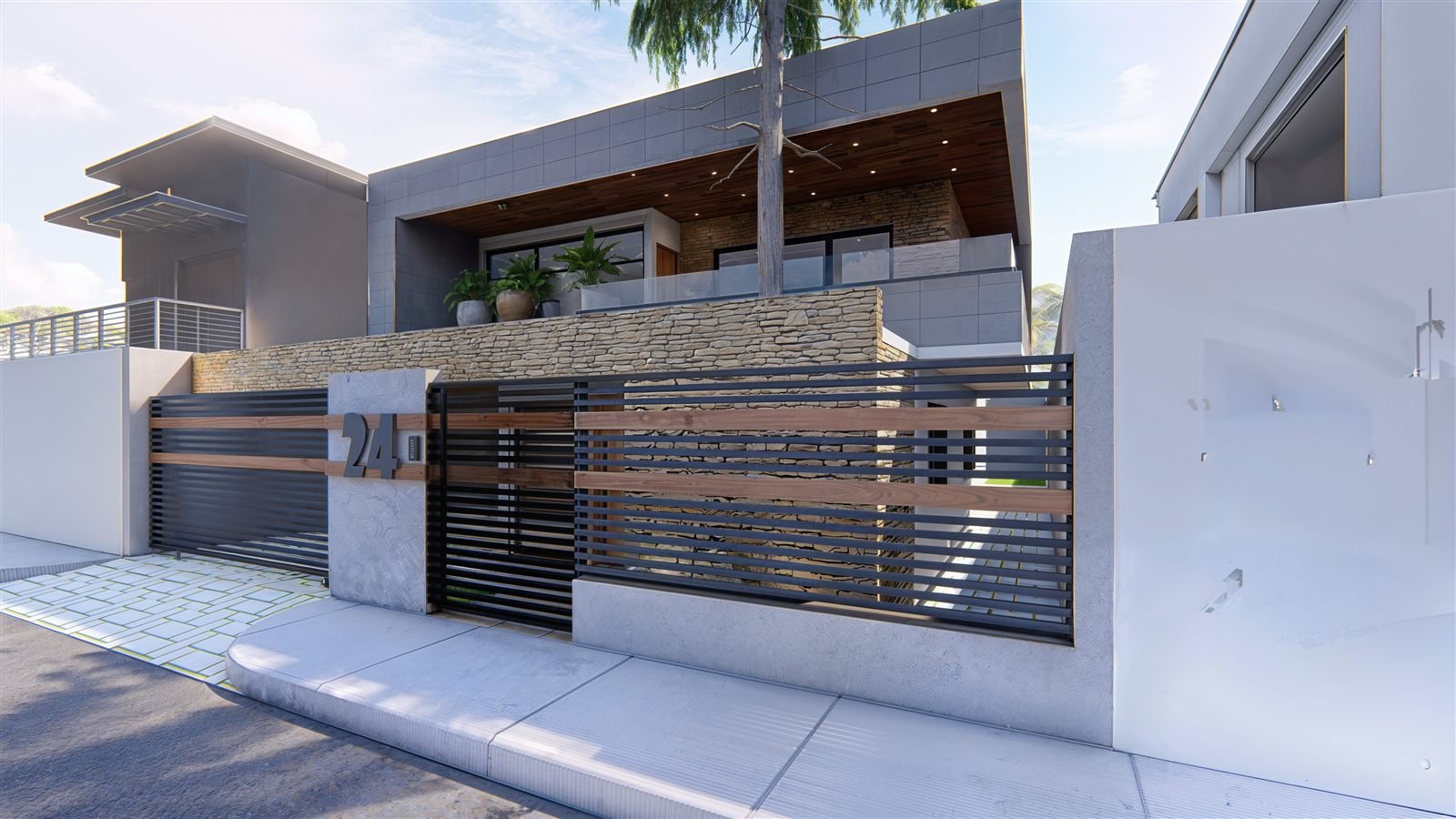 Casa #24 — render fachada, ángulo 1, día