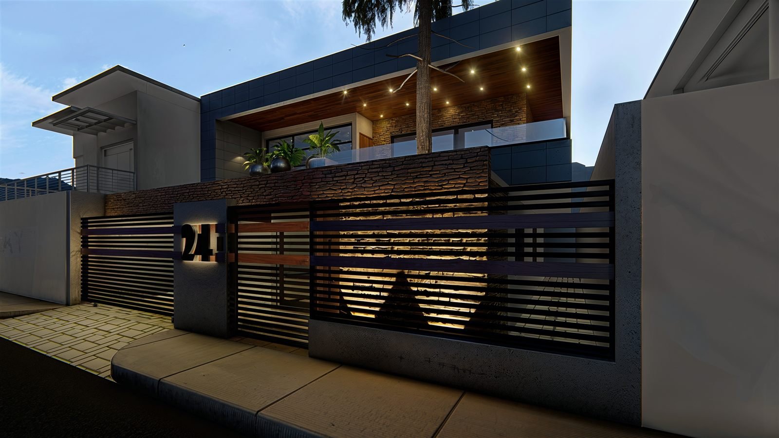 Casa #24 — render nocturno de fachada