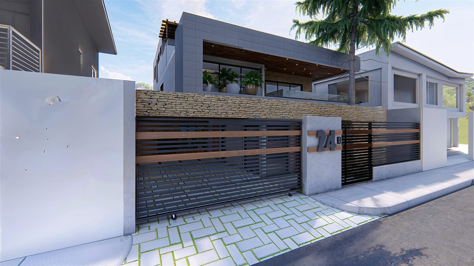 Casa #24 — render, ángulo 3, día