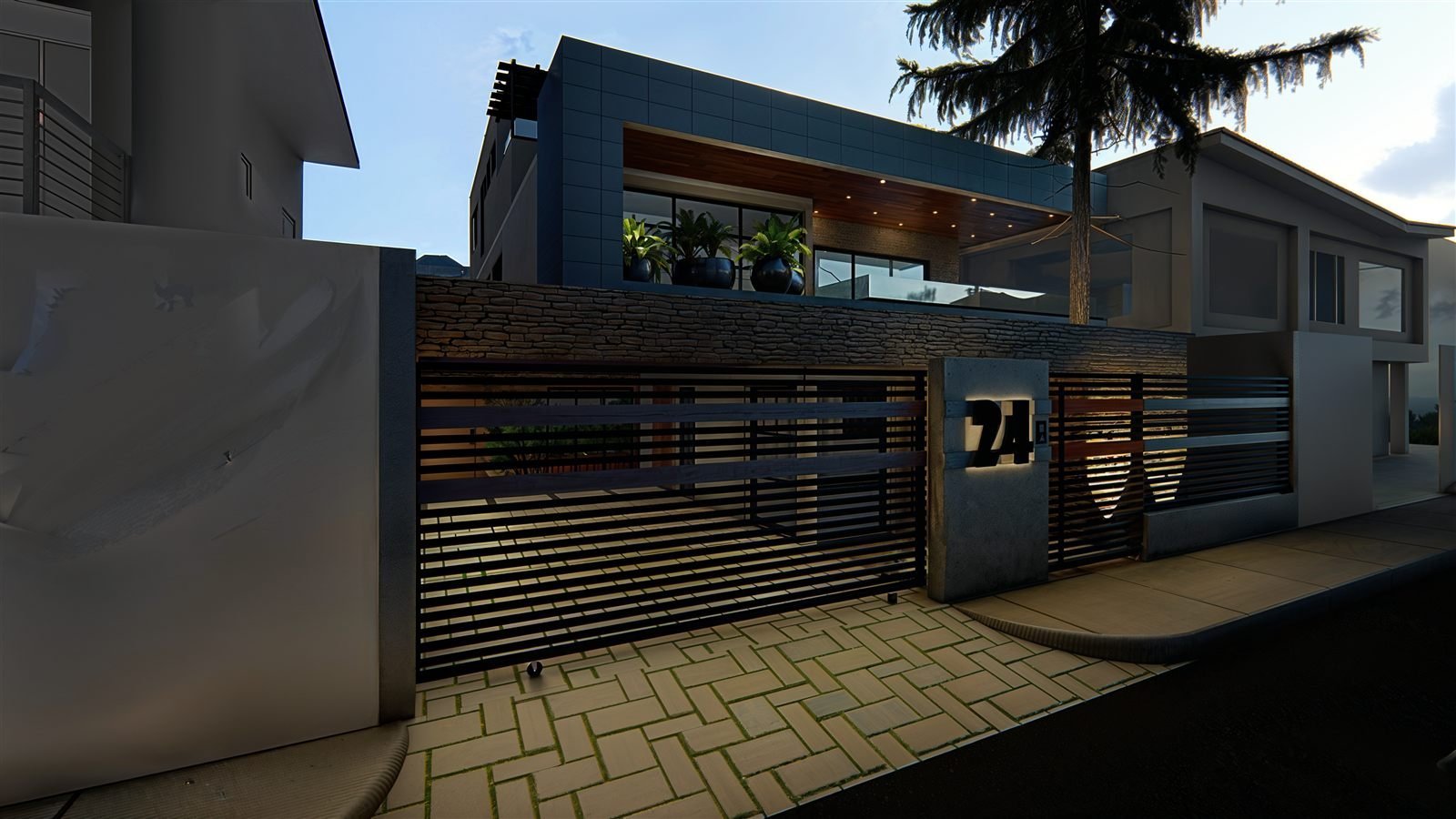 Casa #24 — render, ángulo 3, noche